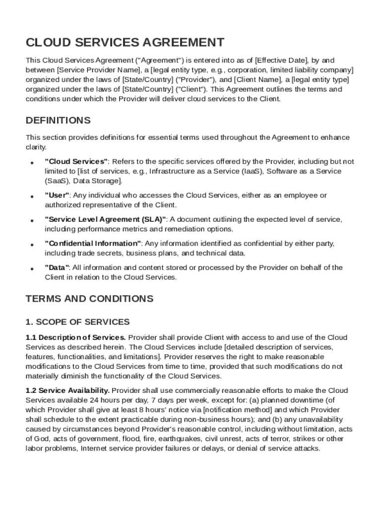 Cloud Agreement Template Preview on Page 1