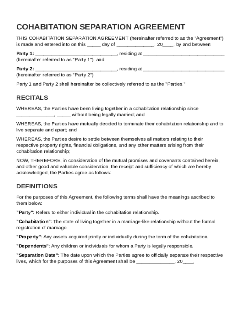 Cohabitation Separation Agreement Template Preview on Page 1