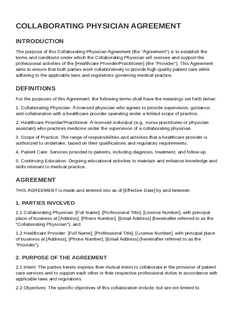Collaborating Physician Agreement Template Preview on Page 1