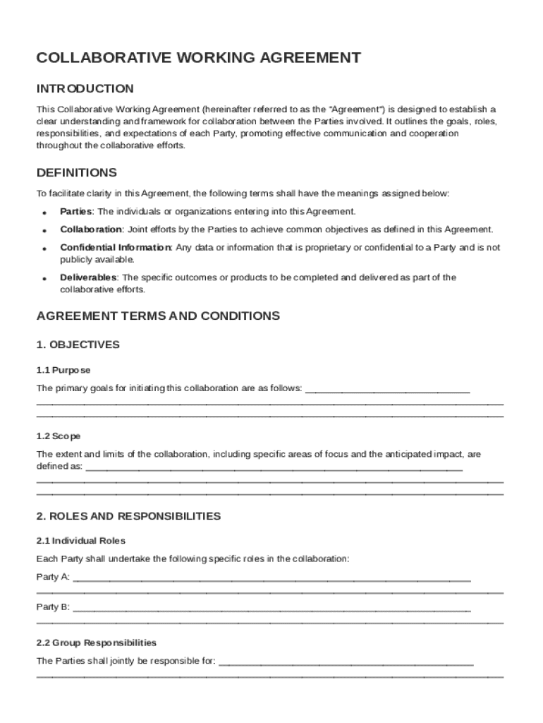 Collaborative Working Agreement Template Preview on Page 1