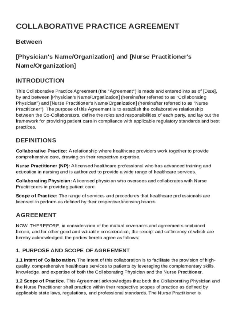 Collaborative for Nurse Practitioners Agreement Template Preview on Page 1