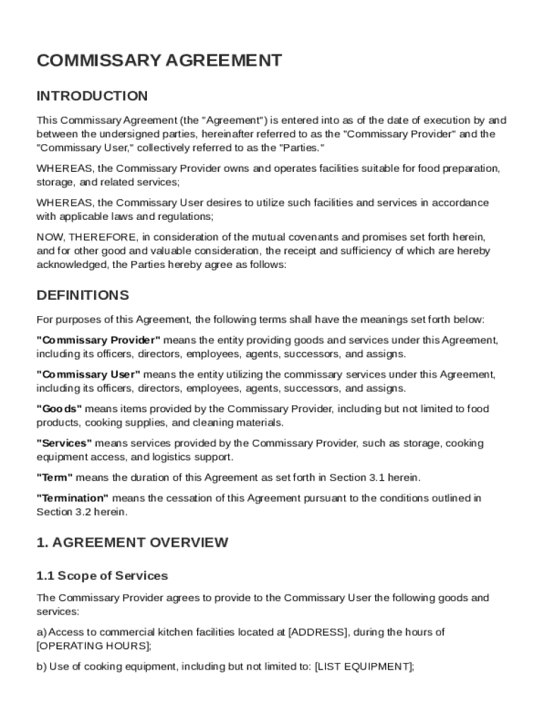 Commissary Agreement Template Preview on Page 1