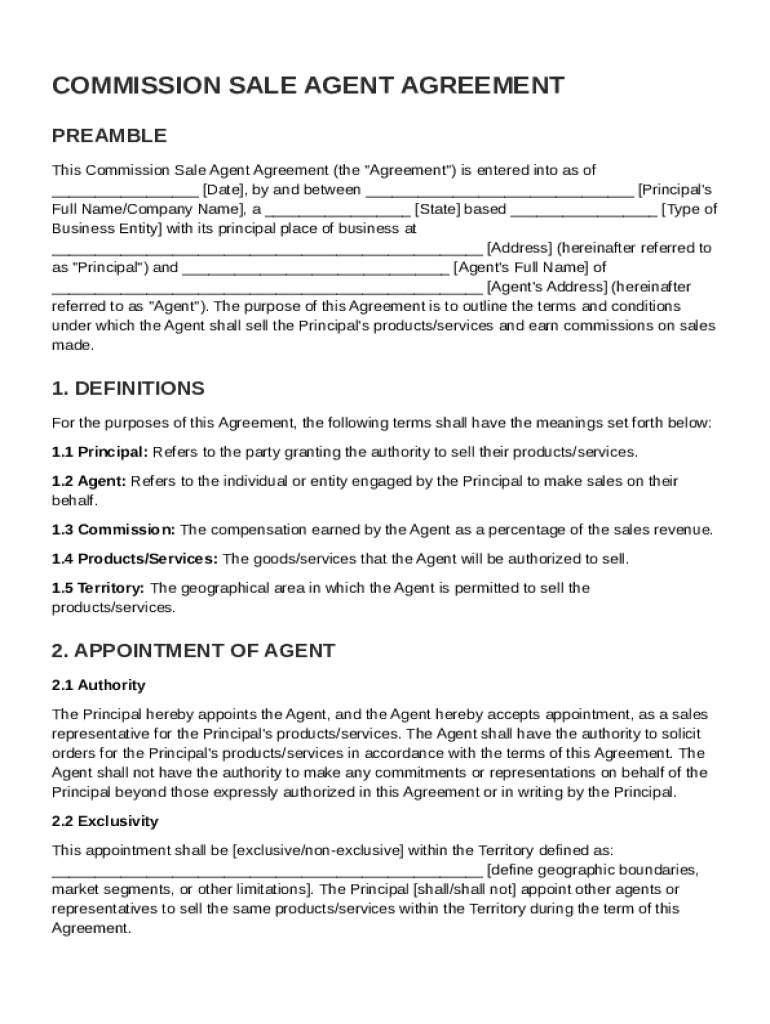 Commission Sale Agent Agreement Template Preview on Page 1