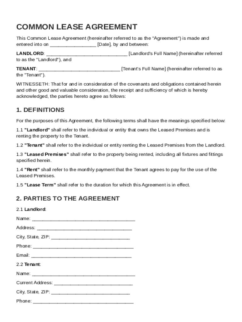 Common Lease Agreement Template Preview on Page 1