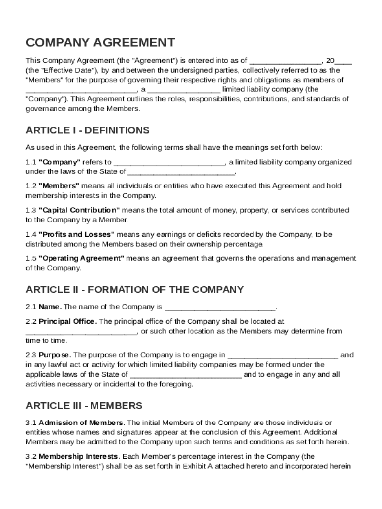 Company Agreement Template Preview on Page 1