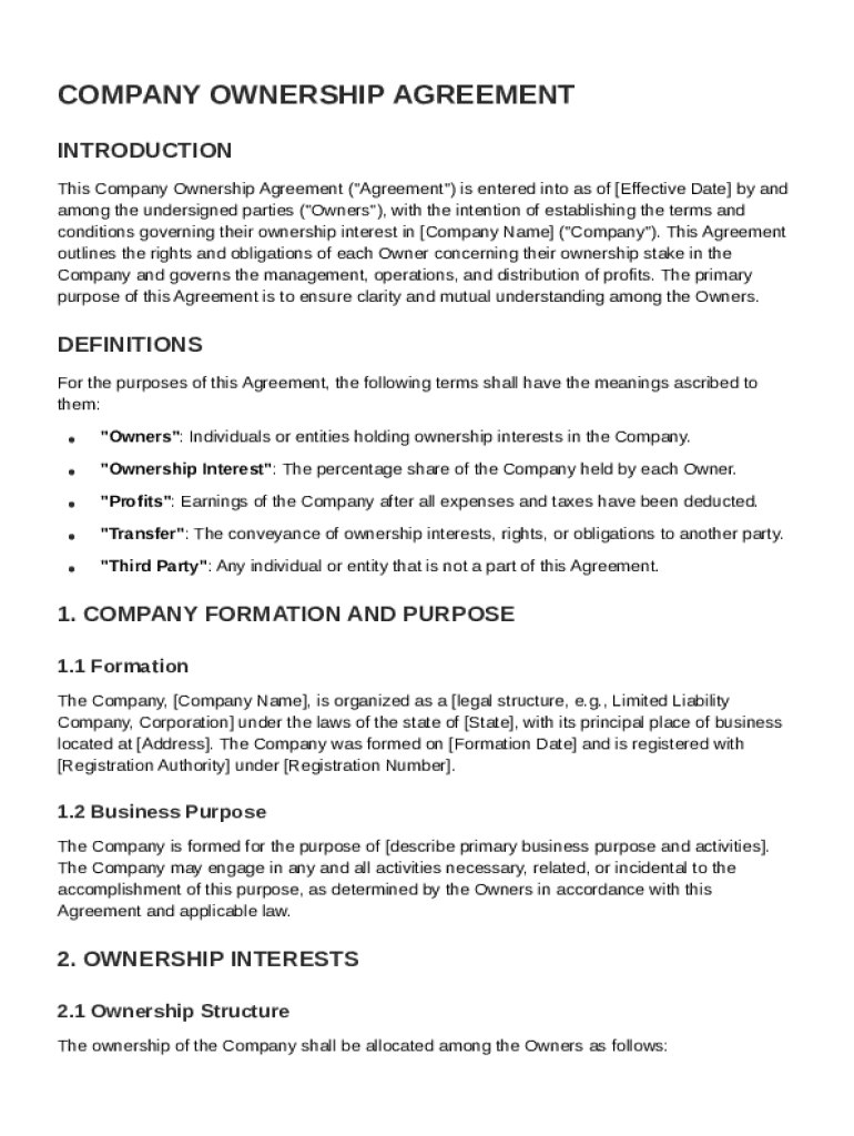 Company Ownership Agreement Template Preview on Page 1