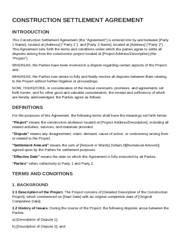 Construction Settlement Agreement Template Preview on Page 1