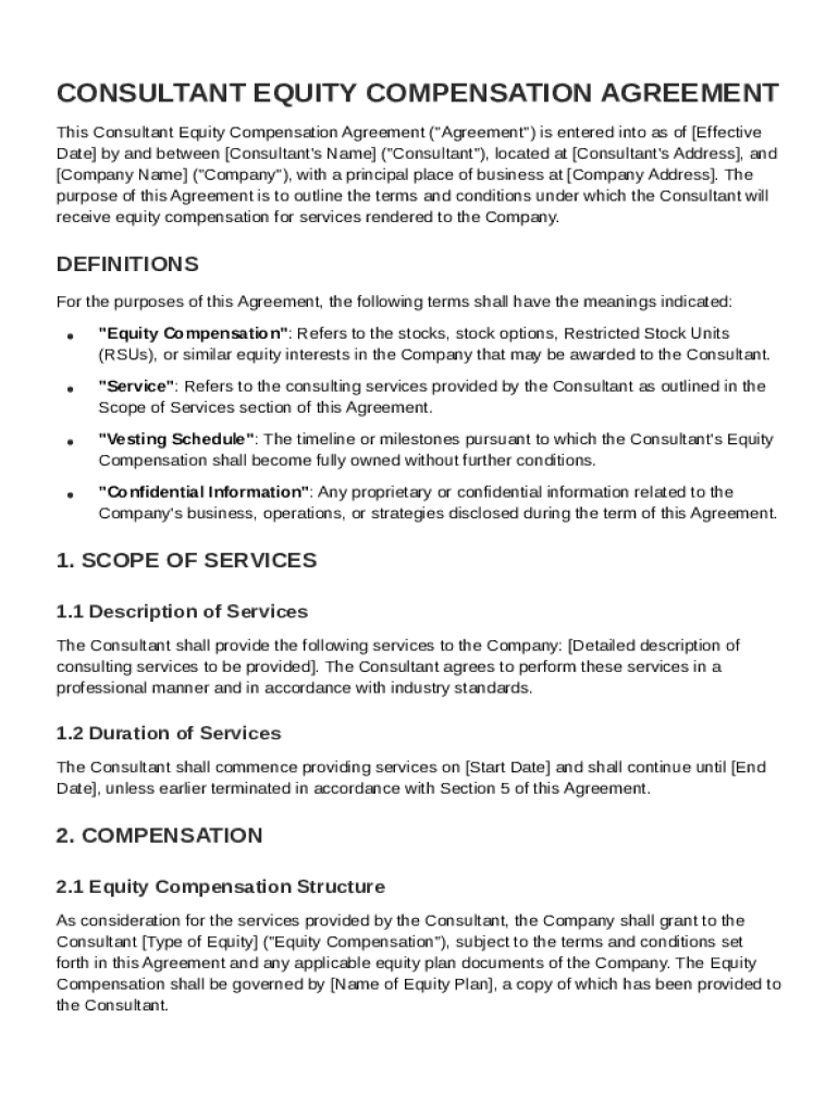 Consultant Equity Compensation Agreement Template Preview on Page 1