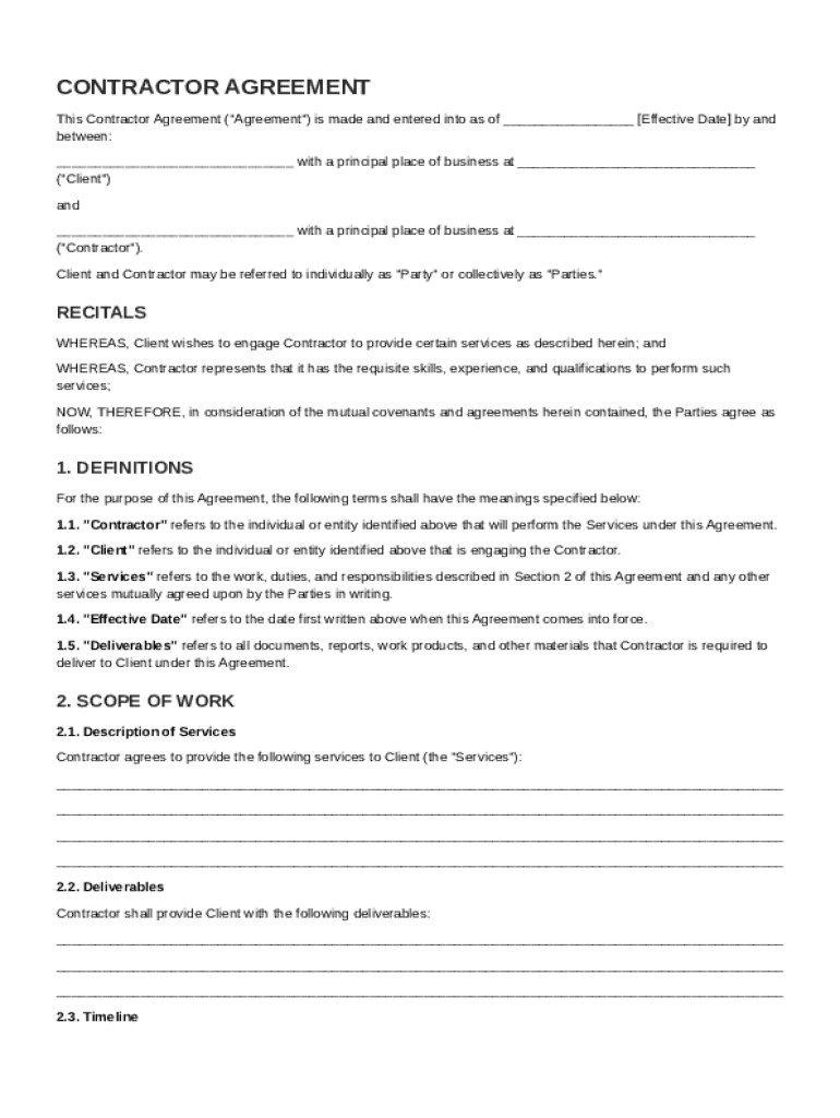 Contractor Contractor Agreement Template Preview on Page 1