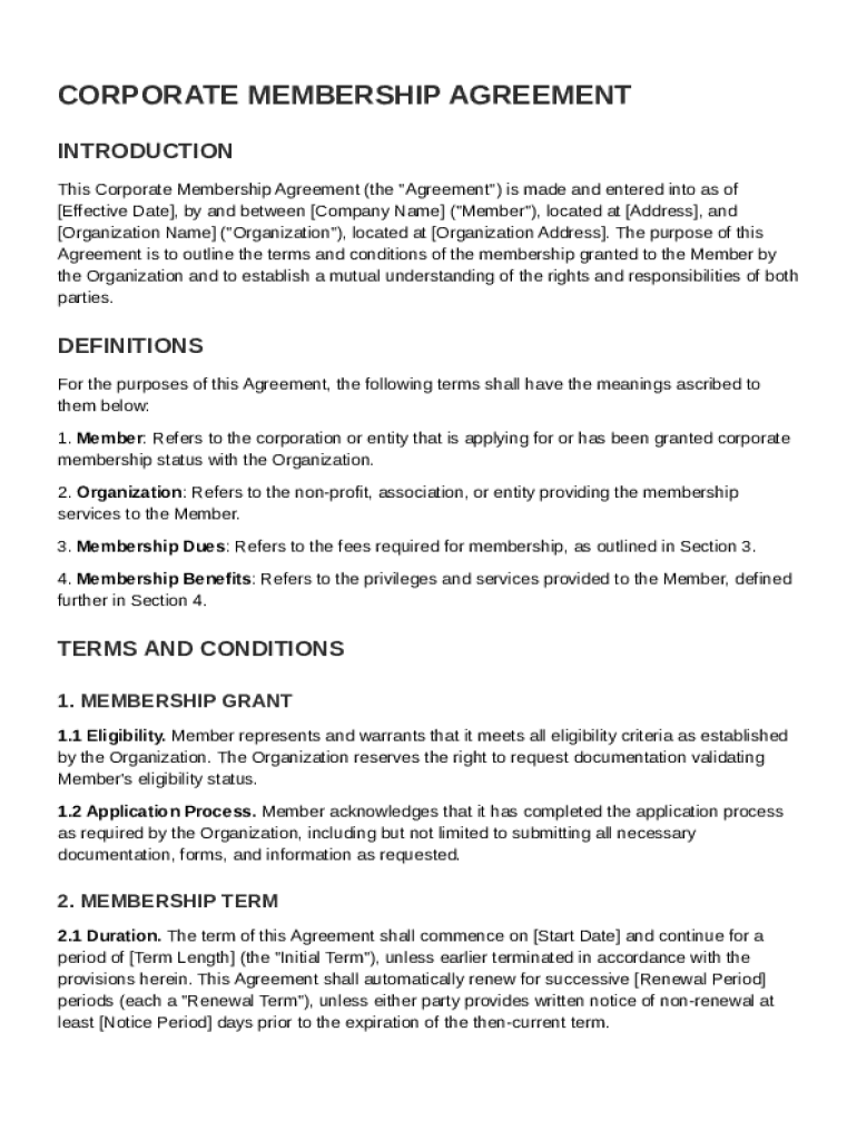 Corporate Membership Agreement Template Preview on Page 1
