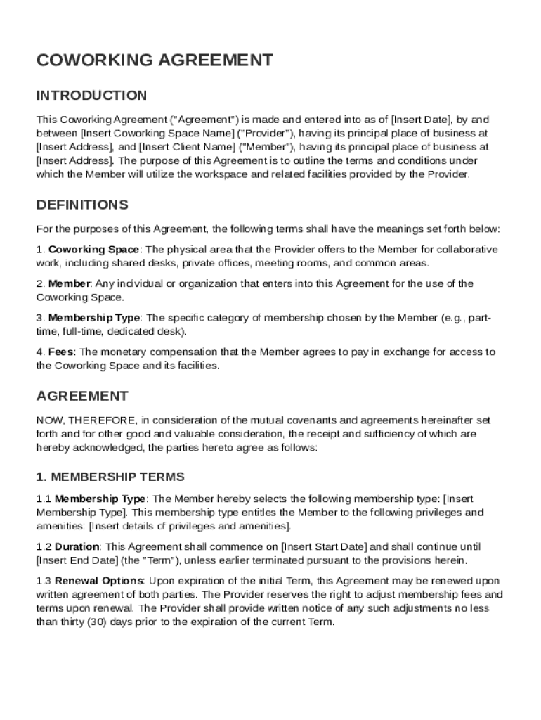 Coworking Agreement Template Preview on Page 1