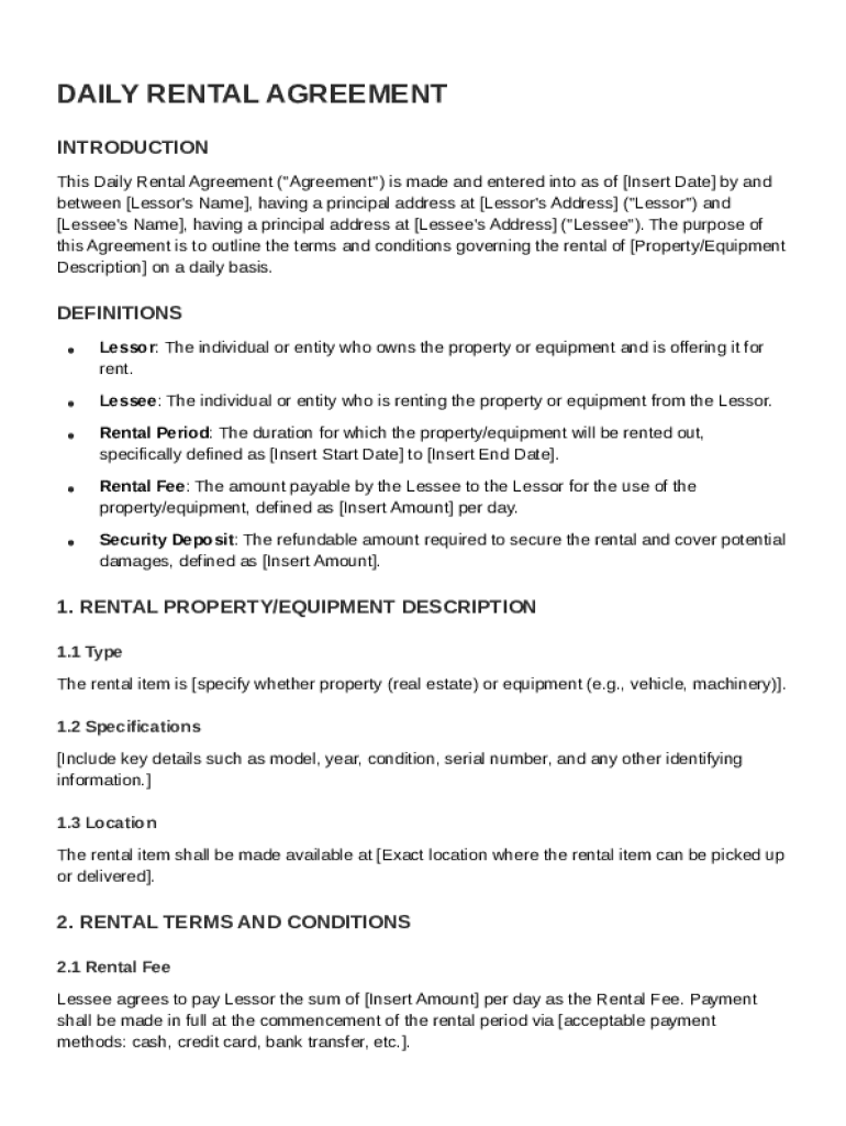 Daily Rental Agreement Template Preview on Page 1