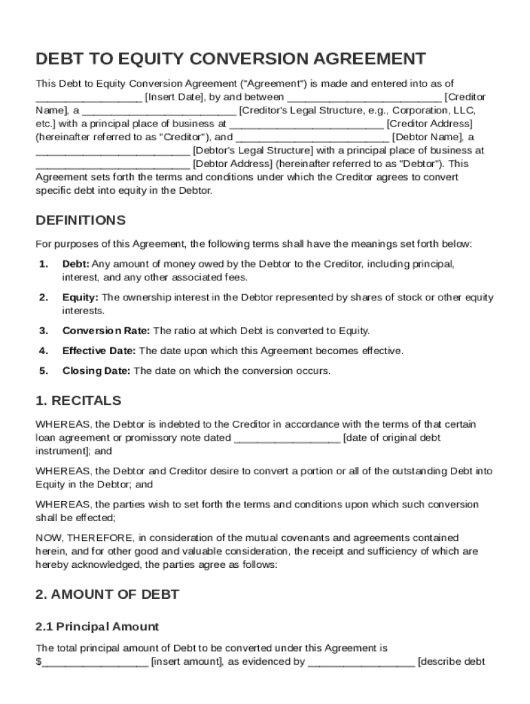 Debt to Equity Conversion Agreement Template Preview on Page 1