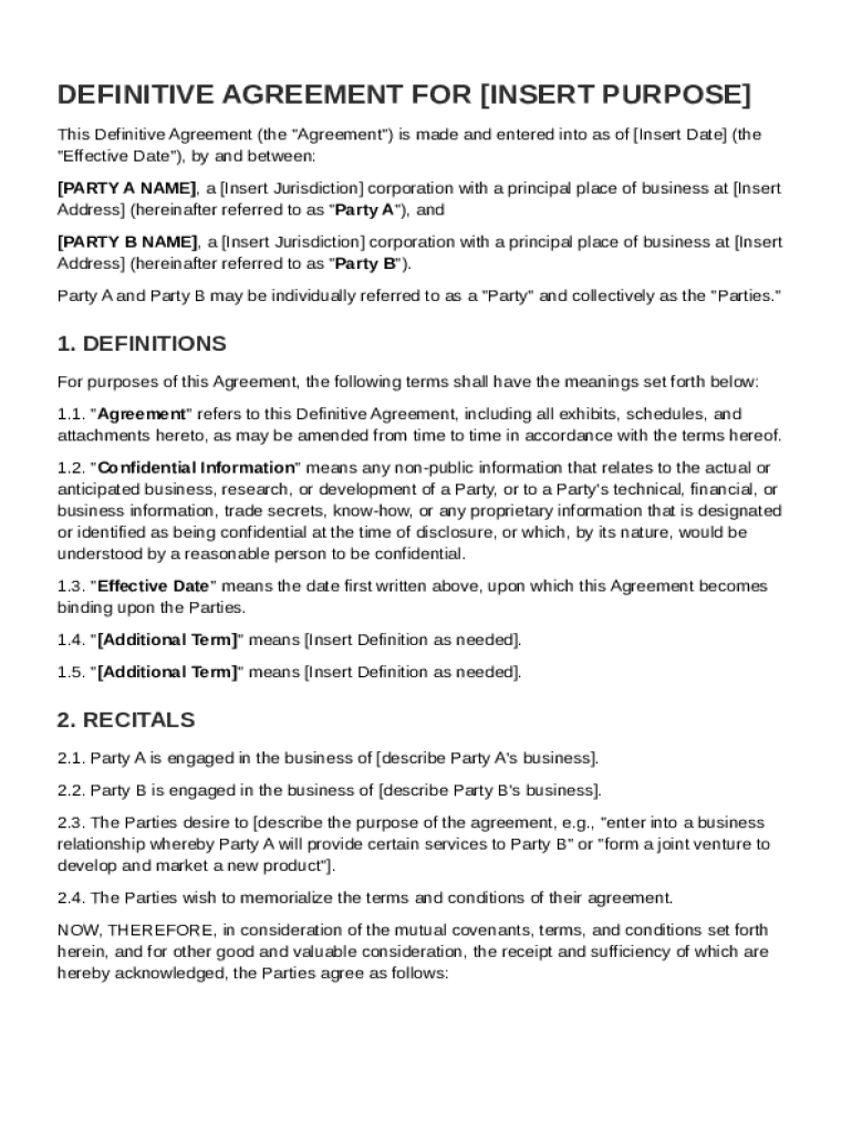 Definitive Agreement Template Preview on Page 1