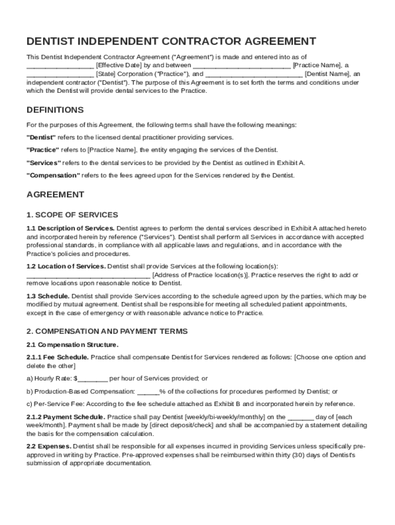 Dentist Independent Contractor Agreement Template Preview on Page 1