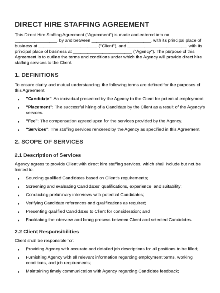 Direct Hire Staffing Agreement Template Preview on Page 1