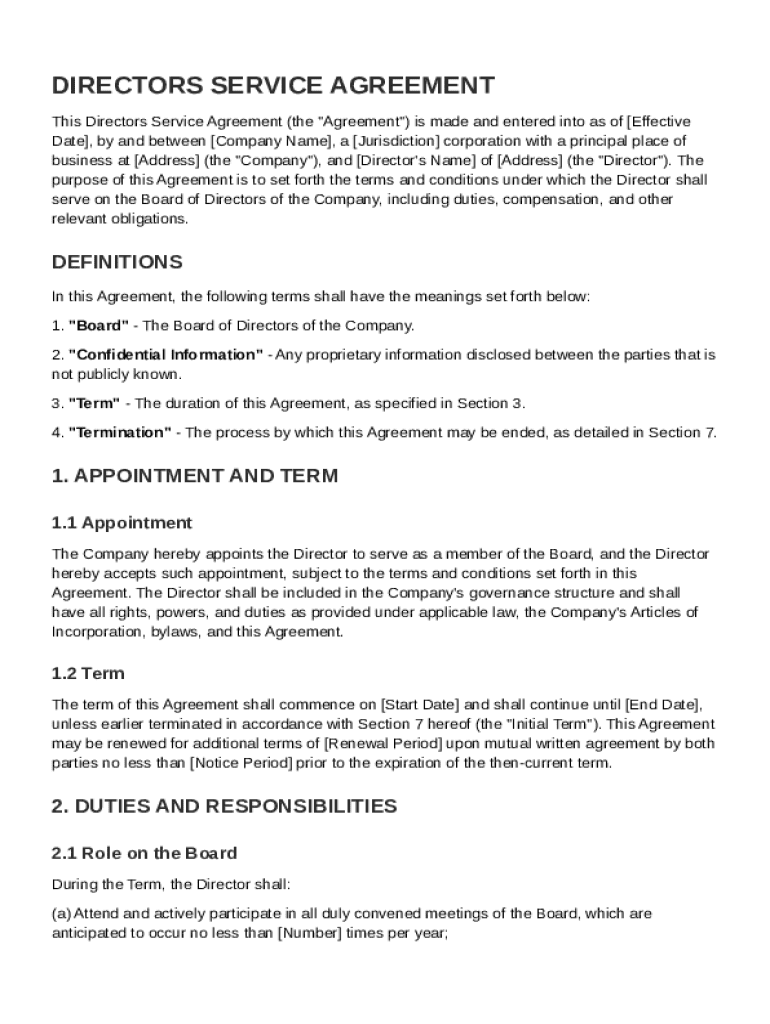 Directors Service Agreement Template Preview on Page 1