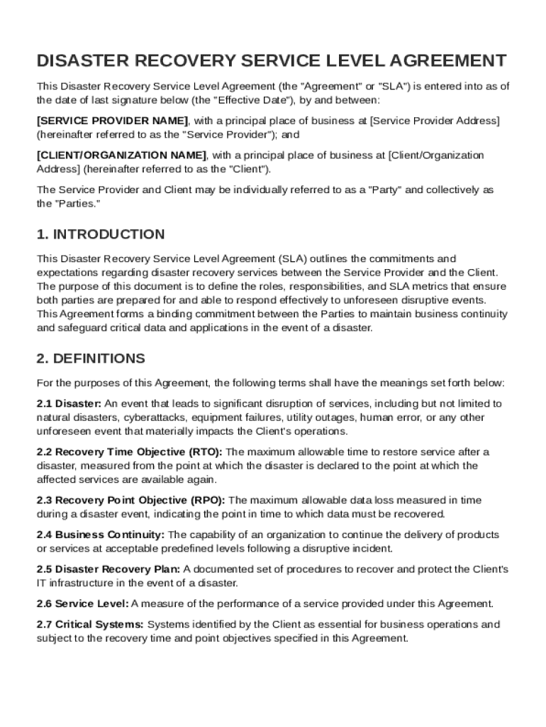 Disaster Recovery Service Level Agreement Template Preview on Page 1