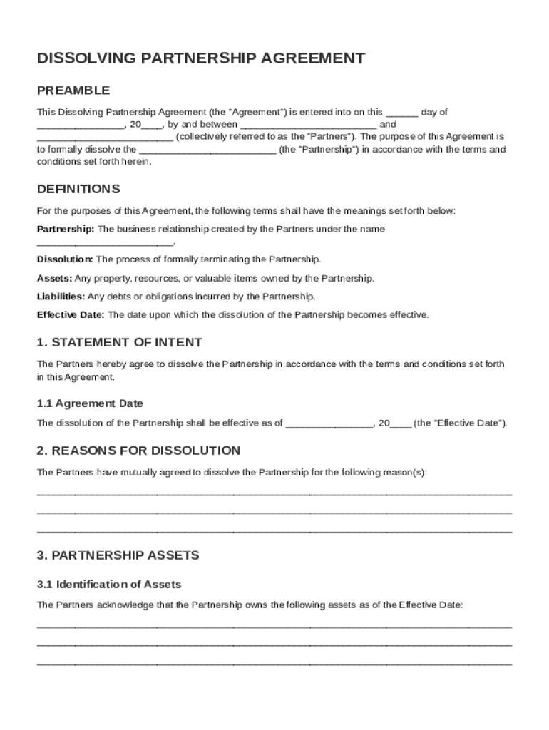 Dissolving Partnership Agreement Template Preview on Page 1