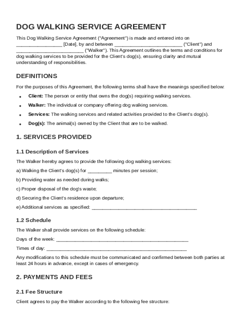 Dog Walking Service Agreement Template Preview on Page 1