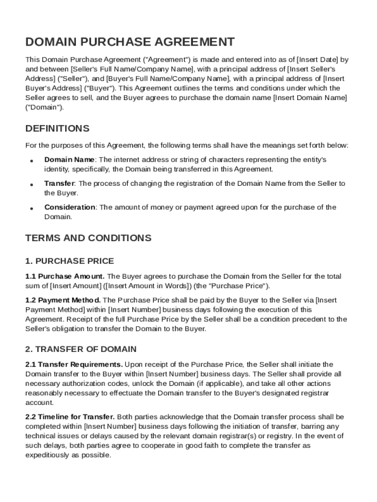 Domain Purchase Agreement Template Preview on Page 1