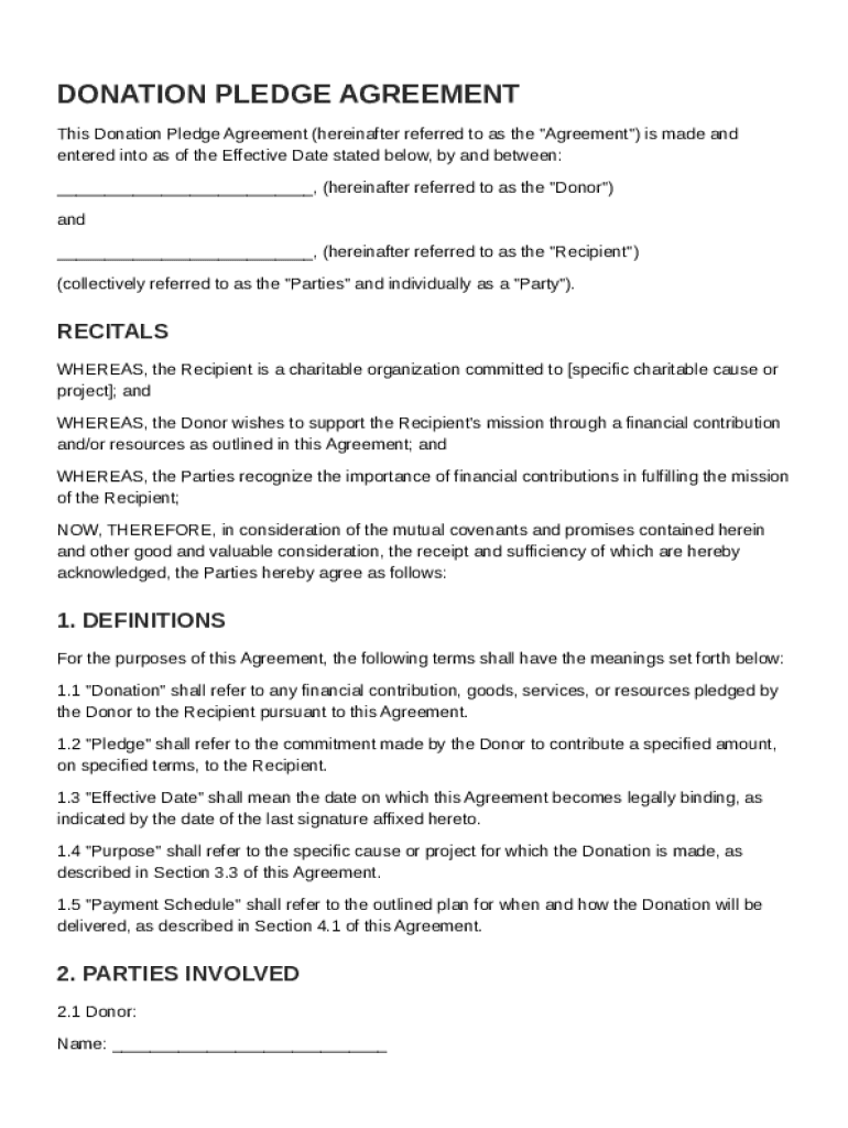 Donation Pledge Agreement Template Preview on Page 1