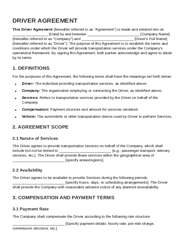 Driver Agreement Template Preview on Page 1
