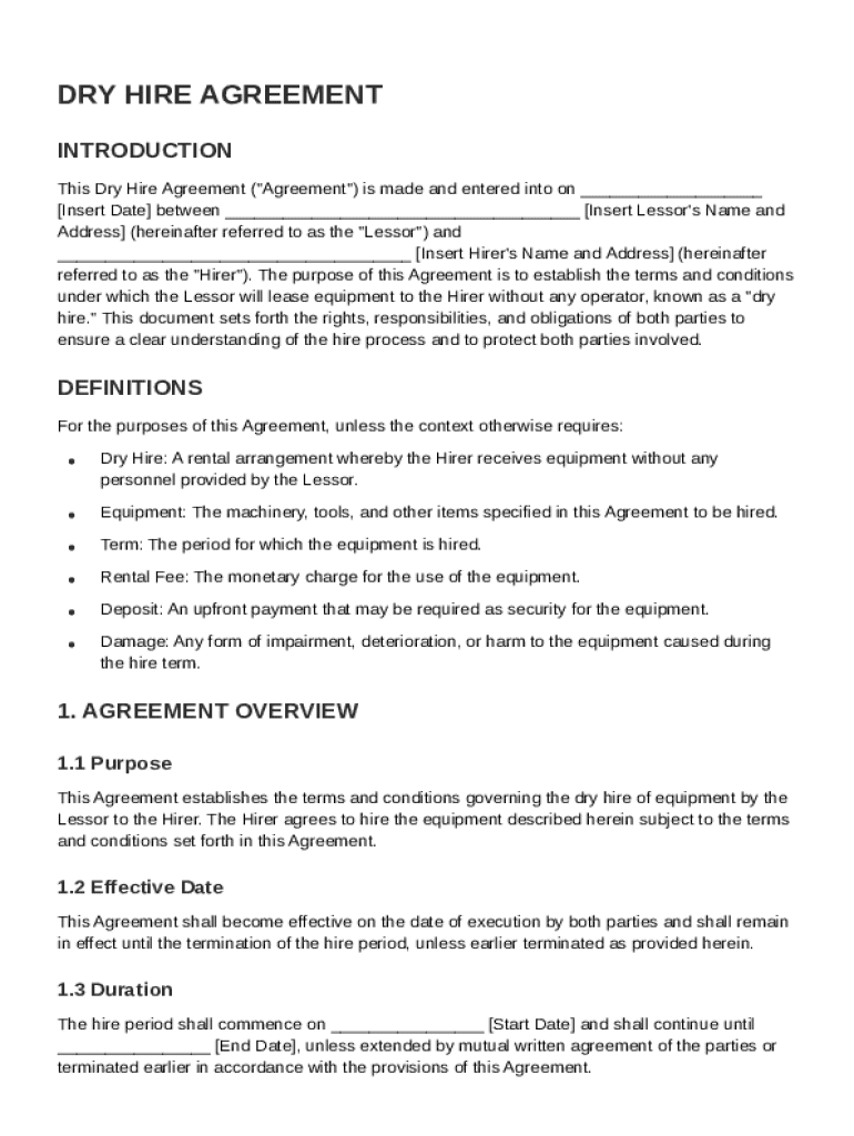 Dry Hire Agreement Template Preview on Page 1