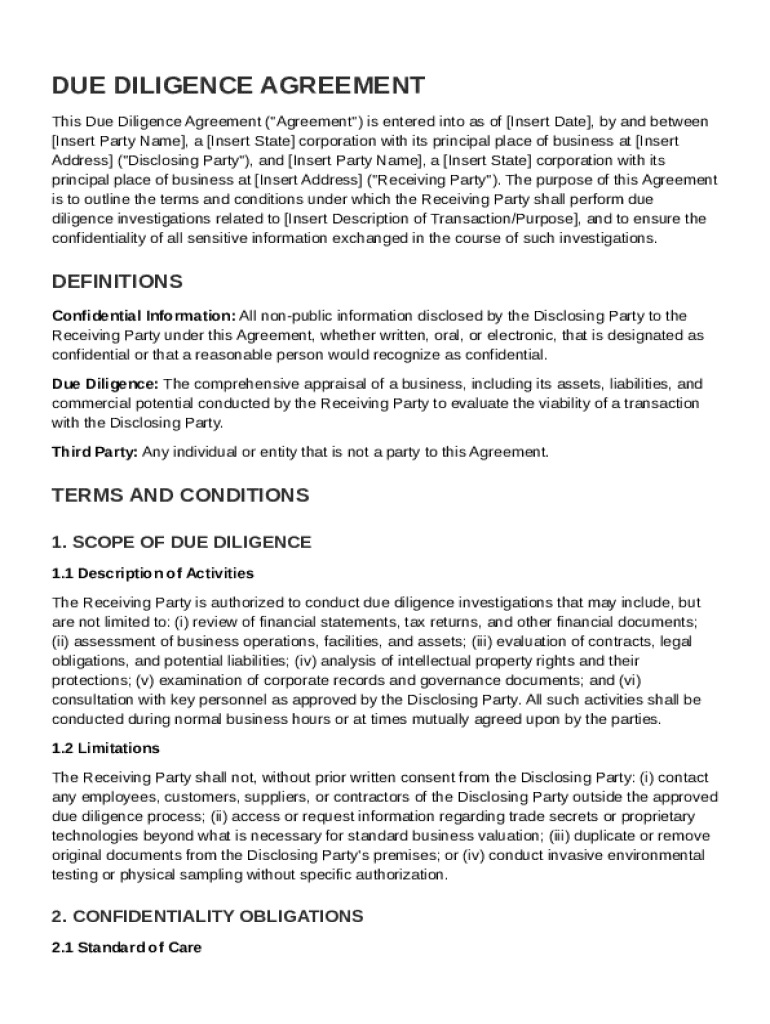 Due Diligence Agreement Template Preview on Page 1
