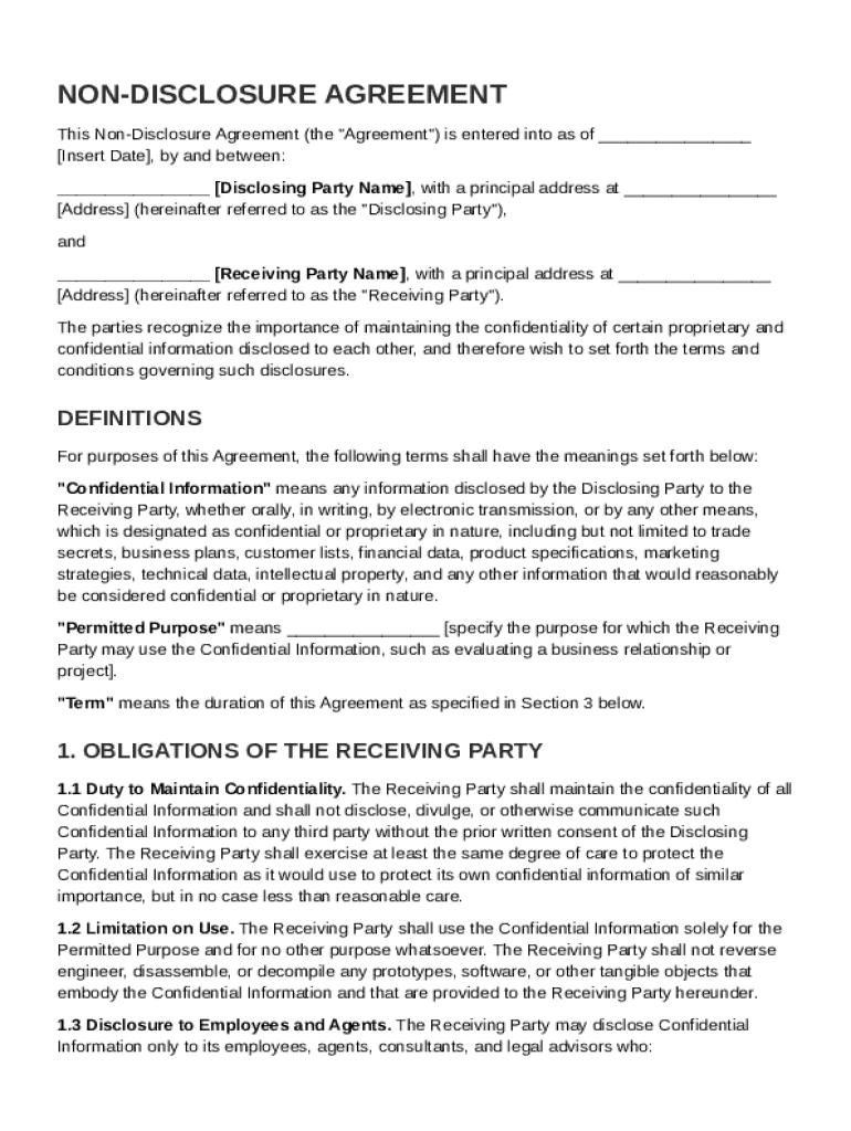 Editable Non Disclosure Agreement Template Preview on Page 1