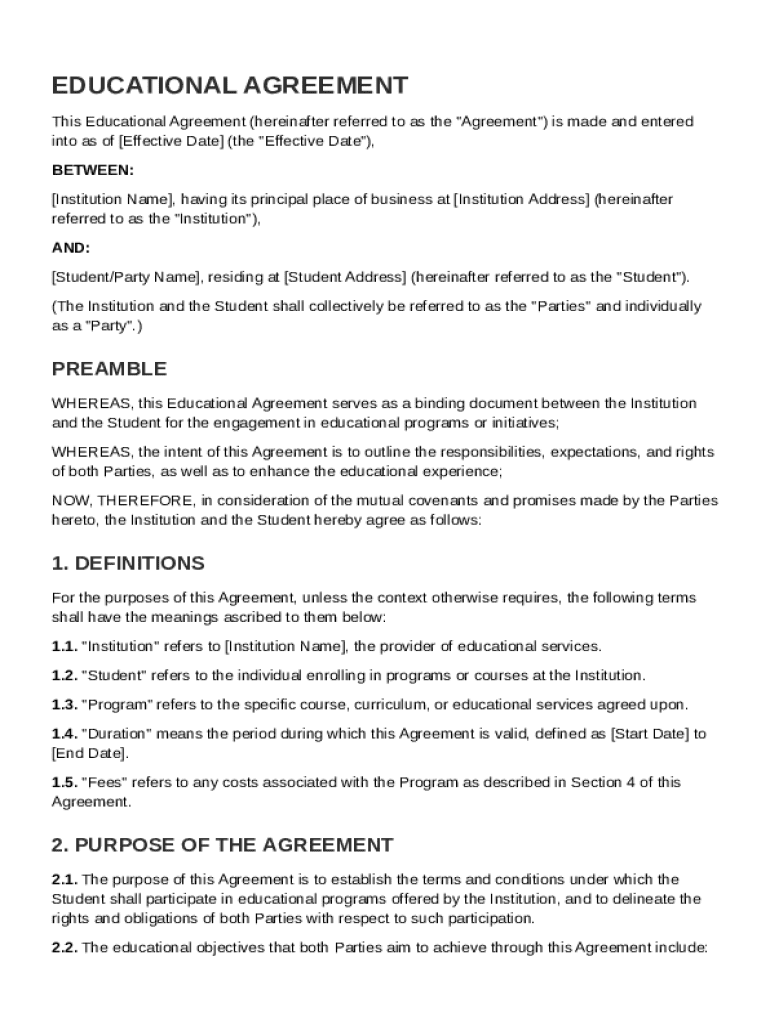 Educational Agreement Template Preview on Page 1