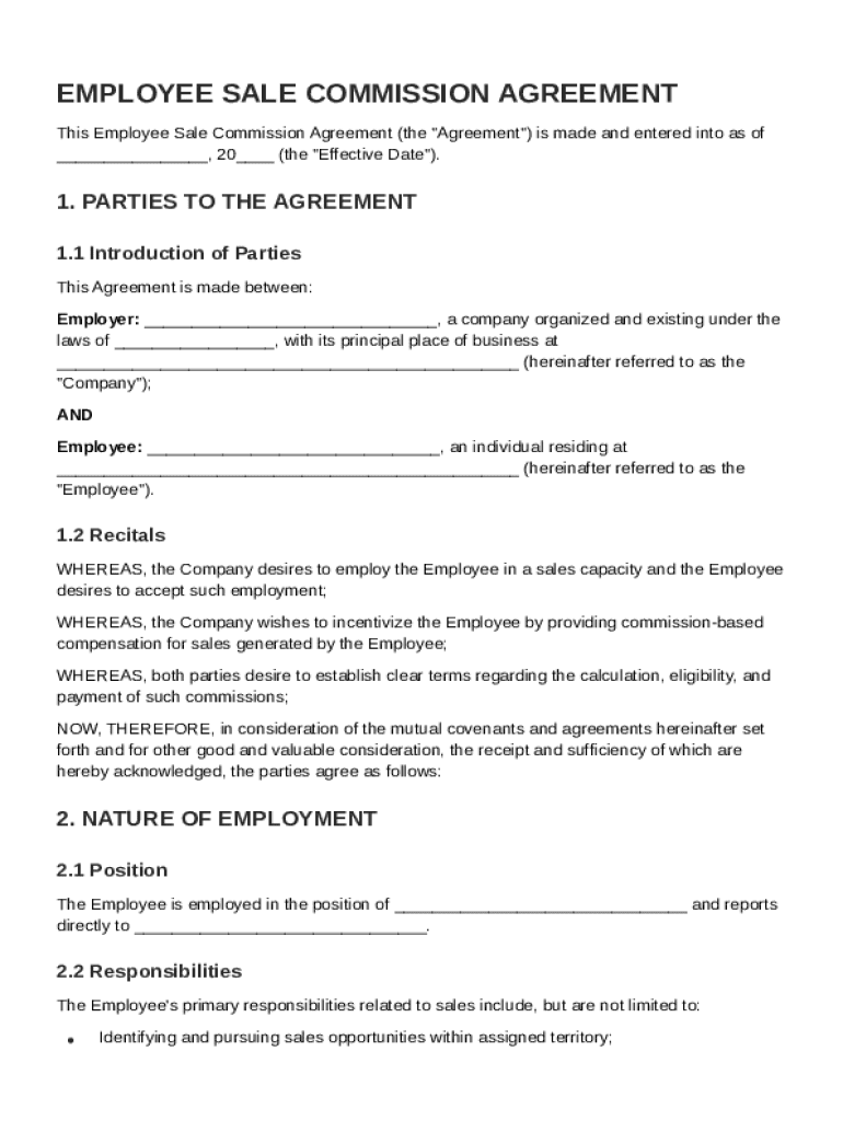 Employee Sale Commission Agreement Template Preview on Page 1