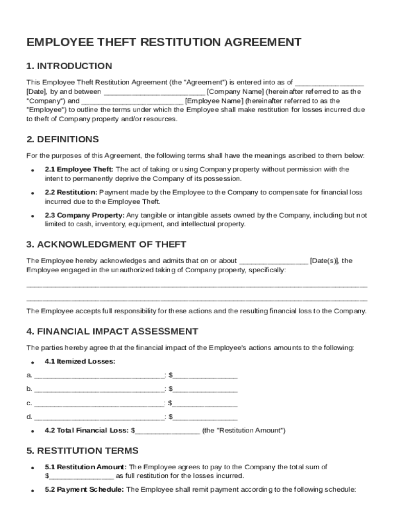 Employee Theft Restitution Agreement Template Preview on Page 1