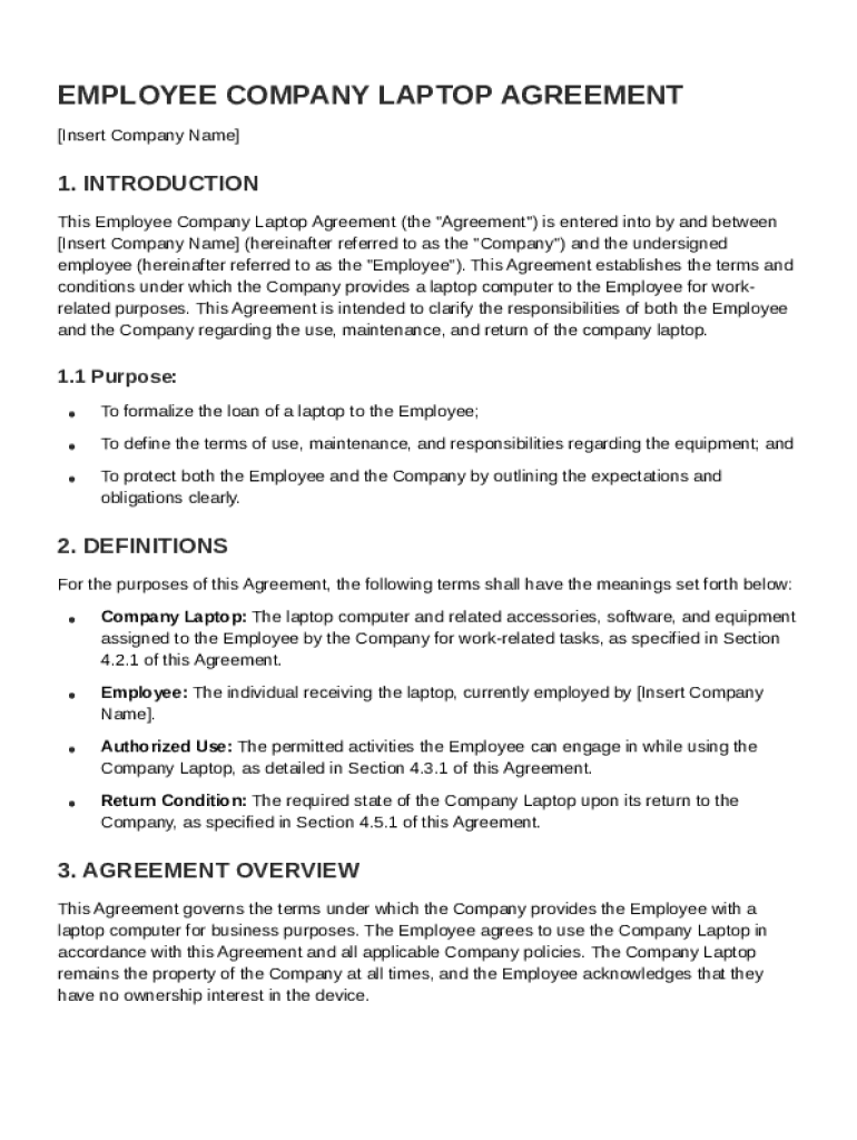 Employee for of Company Laptop Agreement Template Preview on Page 1