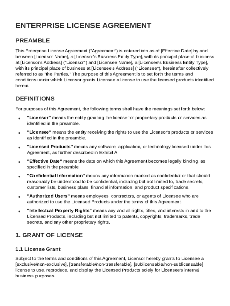 Enterprise License Agreement Template Preview on Page 1