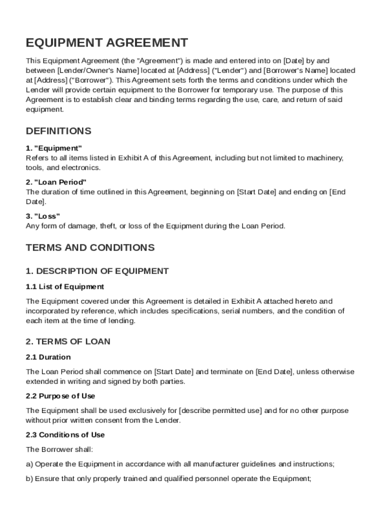 Equipment Agreement Template Preview on Page 1