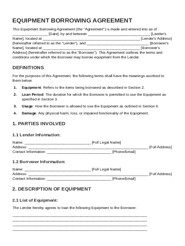 Equipment Borrowing Agreement Template Preview on Page 1