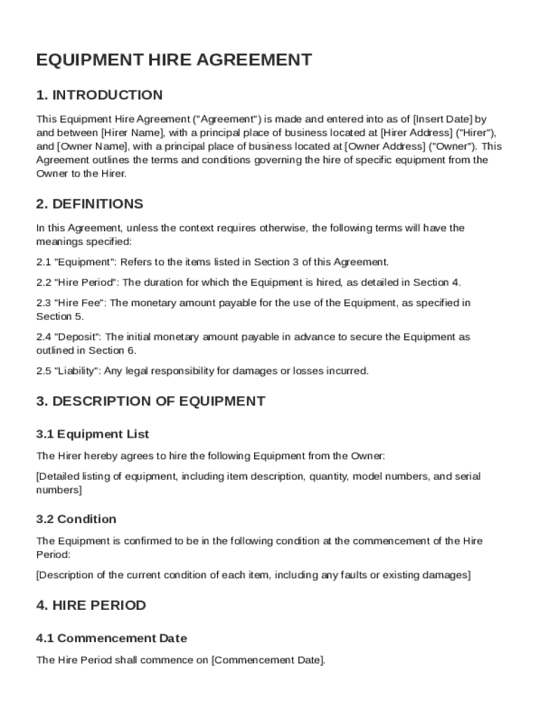 Equipment Hire Agreement Template Preview on Page 1