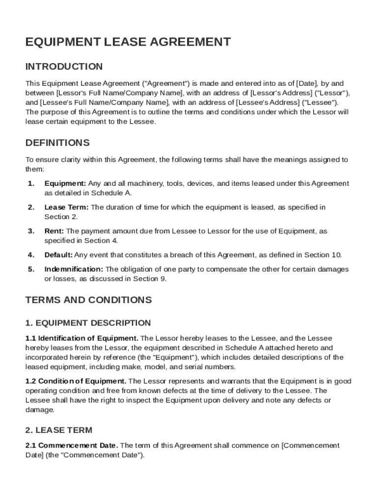 Equipment Lease Agreement Template Preview on Page 1