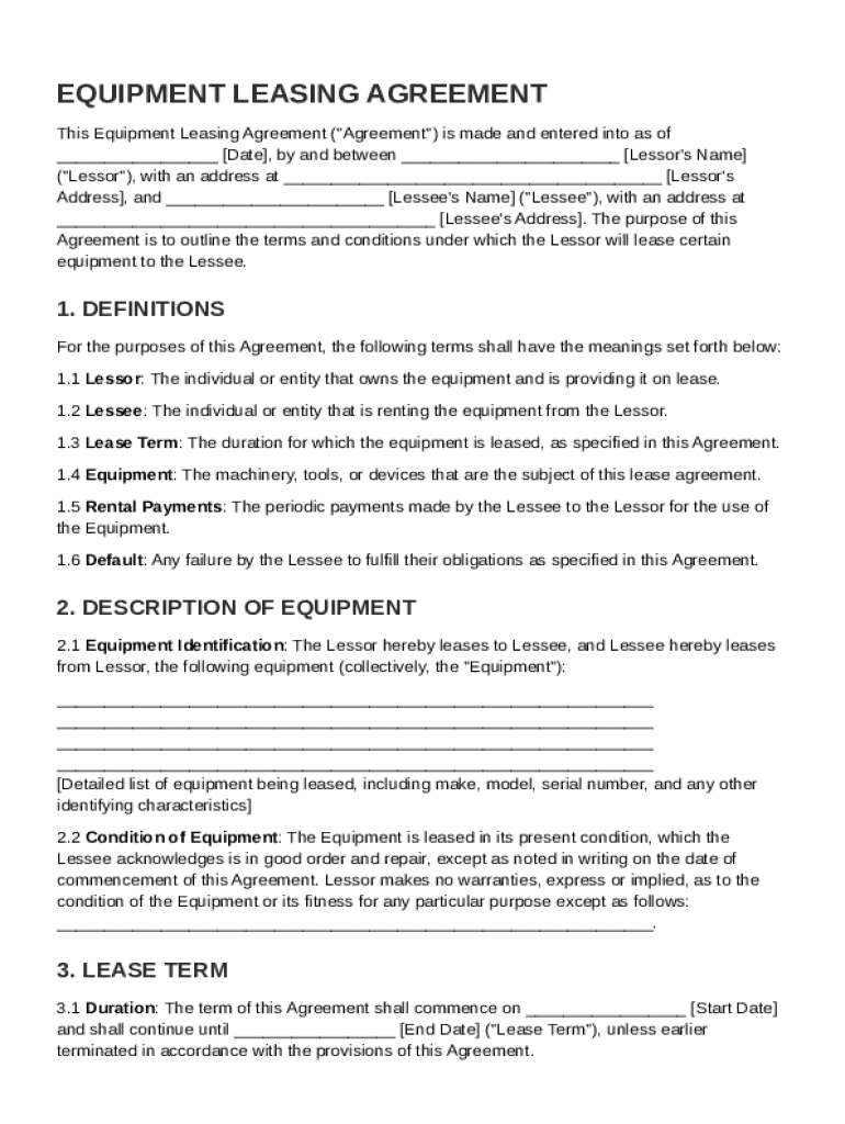 Equipment Leasing Agreement Template Preview on Page 1