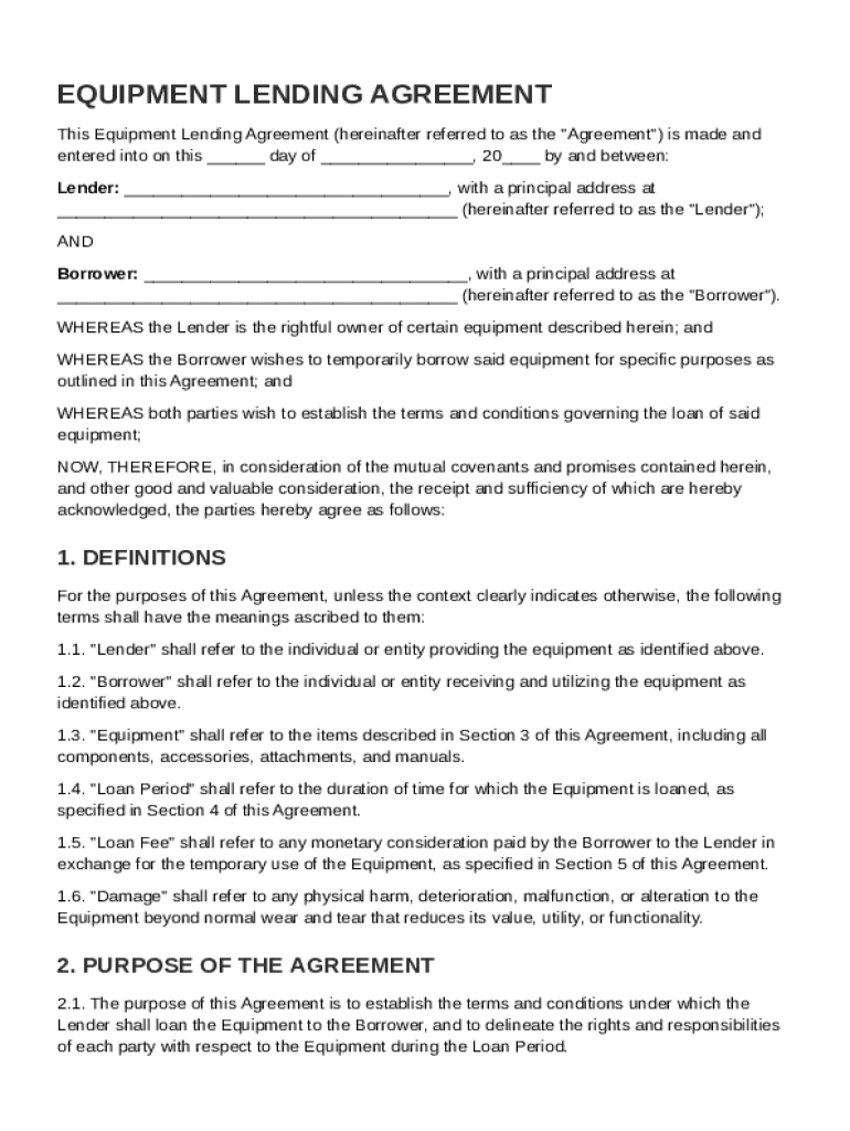 Equipment Lending Agreement Template Preview on Page 1