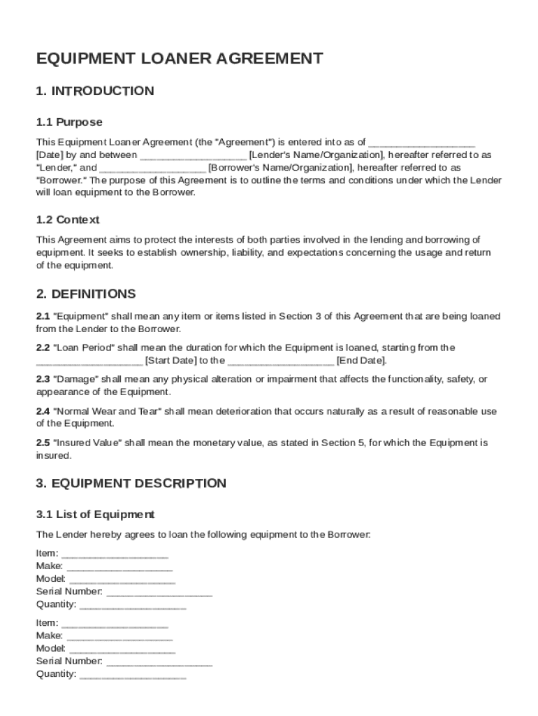 Equipment Loaner Agreement Template Preview on Page 1
