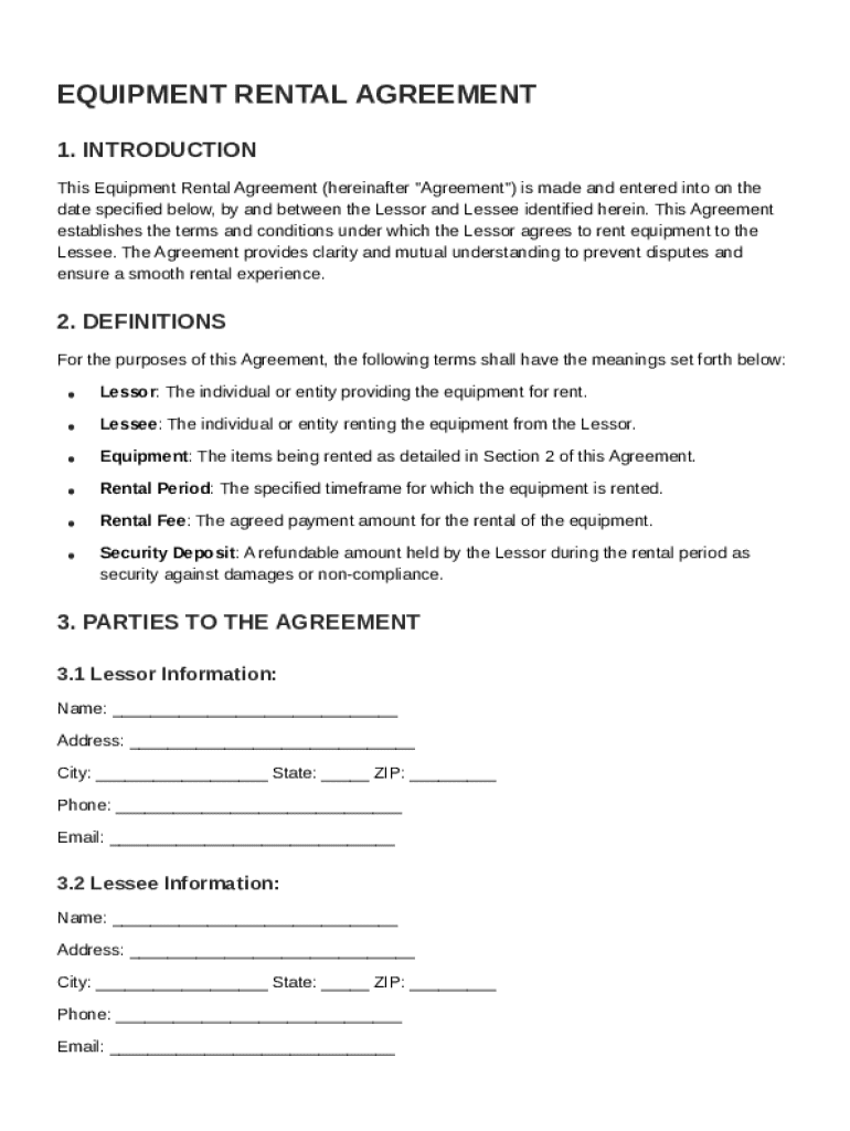 Equipment Rental Agreement Template Preview on Page 1