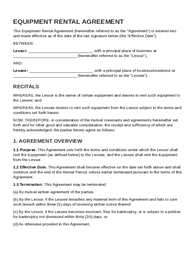 Equipment Rentaldoc Agreement Template Preview on Page 1