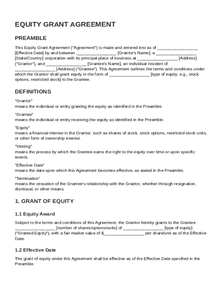 Equity Grant Agreement Template Preview on Page 1