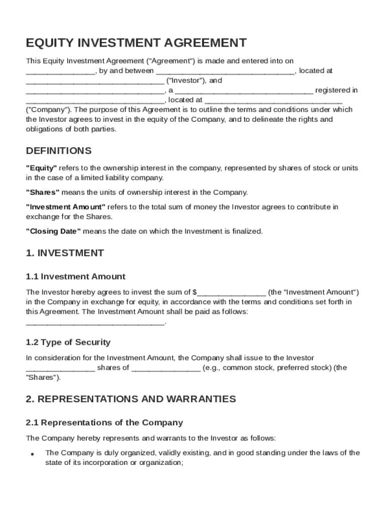Equity Investment Agreement Template Preview on Page 1
