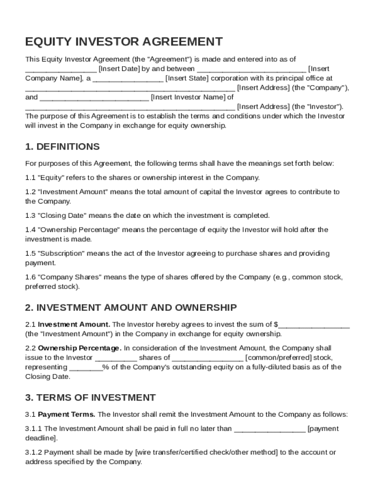 Equity Investor Agreement Template Preview on Page 1