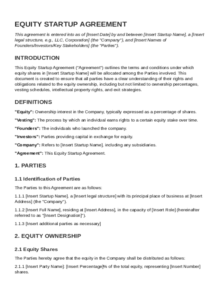 Equity Startup Agreement Template Preview on Page 1