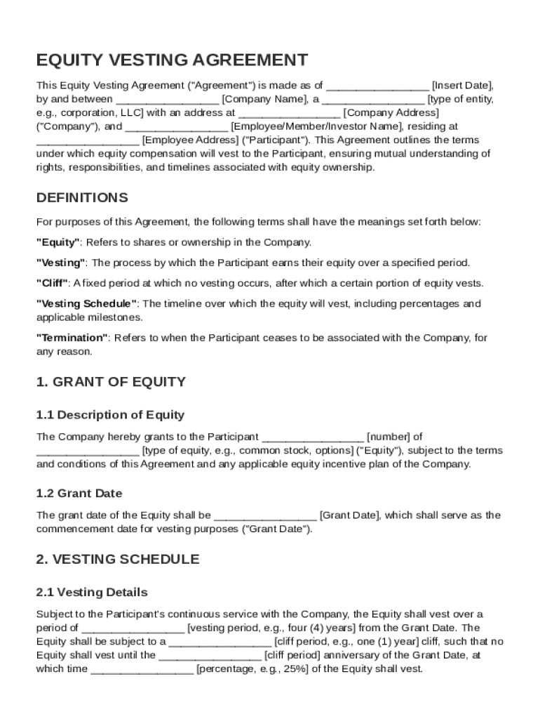 Equity Vesting Agreement Template Preview on Page 1