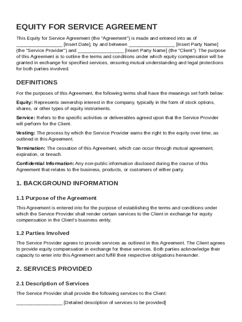 Equity for Service Agreement Template Preview on Page 1